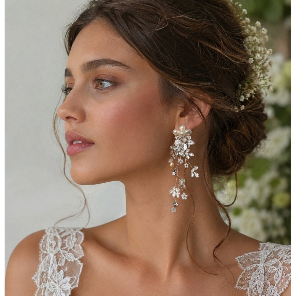 Bridal Pearl Crystal Floral Vine Dangle Earrings Wedding Boho Silver